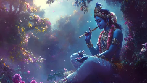 Blue-skinned deity plays flute amid volumetric-lit forest grove