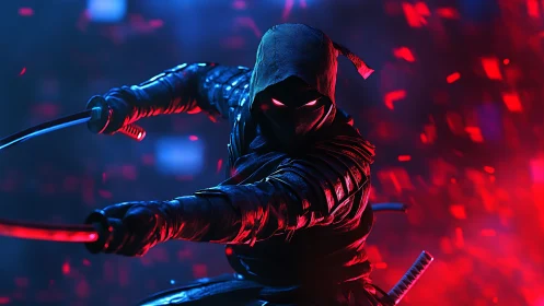 Hooded dual-sword figure in neon red and blue environment.