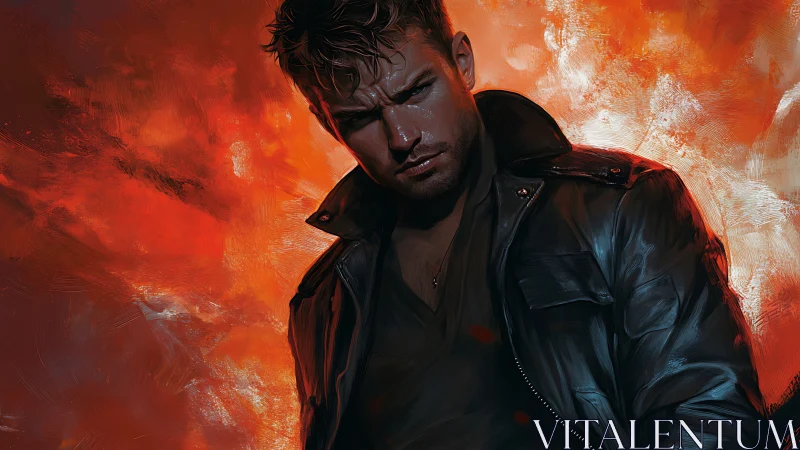 Brooding man in leather jacket stands before blazing inferno