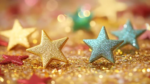 Glittered star-shaped ornaments on reflective golden surface.