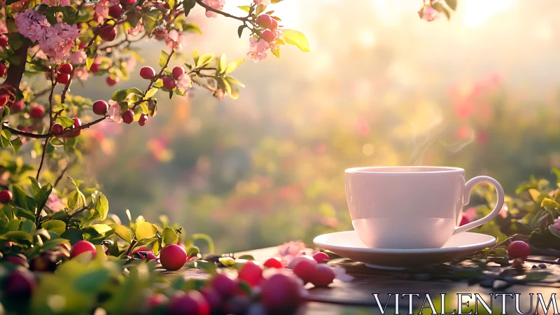 Sunlit white teacup emits steam amid shallow-focus flowering boughs