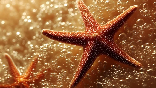 Sunlit starfish drift through sparkling underwater bubbles