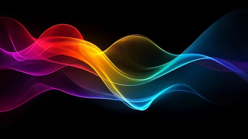 Radiant neon light waves flow across deep black space.