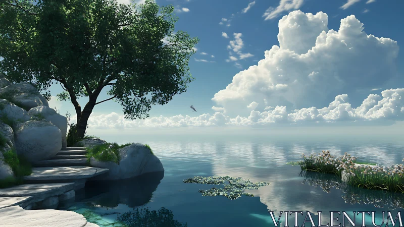 Serene rocky shoreline meets calm reflective ocean horizon