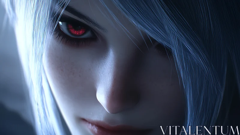 Crimson gaze in moonlit silver hair, a quiet digital menace.