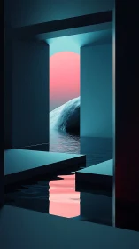 Futuristic portal corridor with reflective water and neon dusk