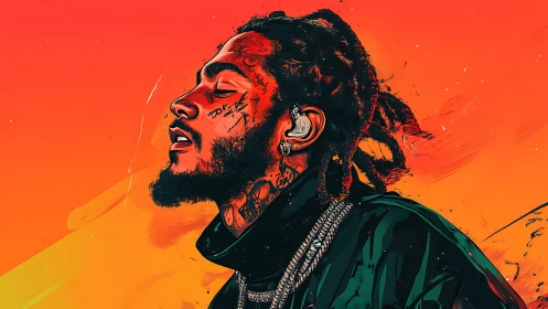 Rap portrait glows against fiery orange abstract backdrop