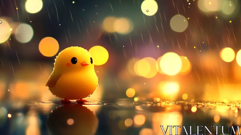 Golden Chick in Rain: Glowing Bokeh Lights.