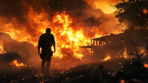 Silhouetted Figure Confronting Catastrophic Wildfire Inferno.