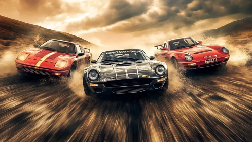Tri-car rally sprint through wet dirt with dynamic motion blur