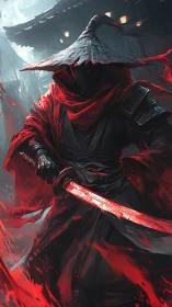 Bloodlit ronin strides through stormlit alleyway.