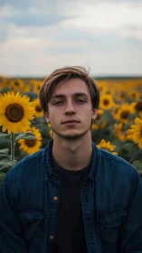 Young man framed by vibrant sunflowers in moody daylight.