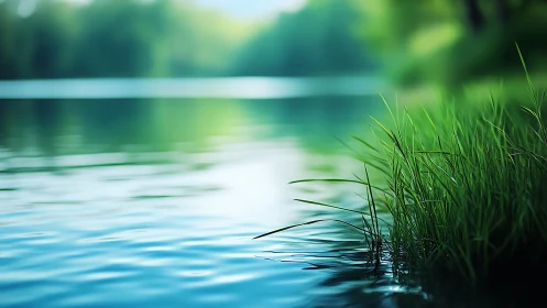 Lakeside grass catches soft light beside calm blue water.