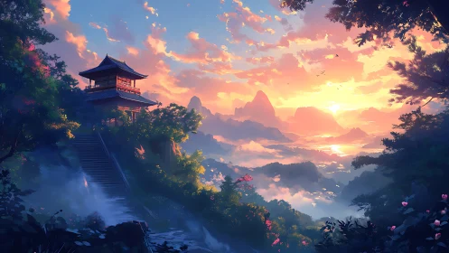 Sunlit mountain temple above layered mist and river valley