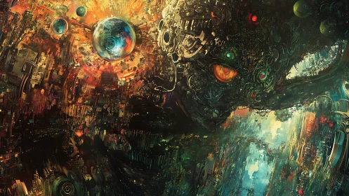 Mechanical entity amid abstract cosmic cityscape forms.