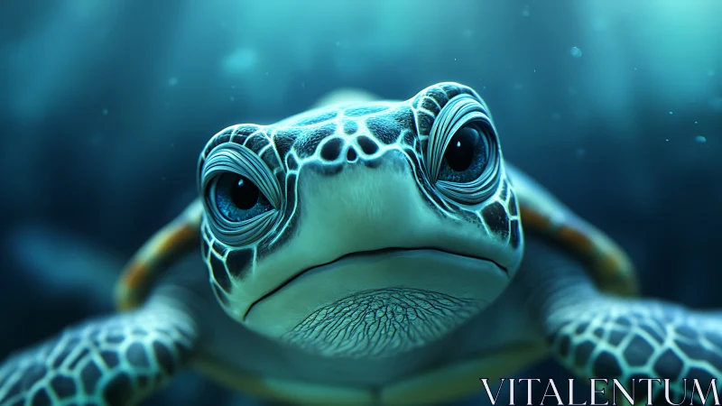 Curious young sea turtle glides forward through teal silence