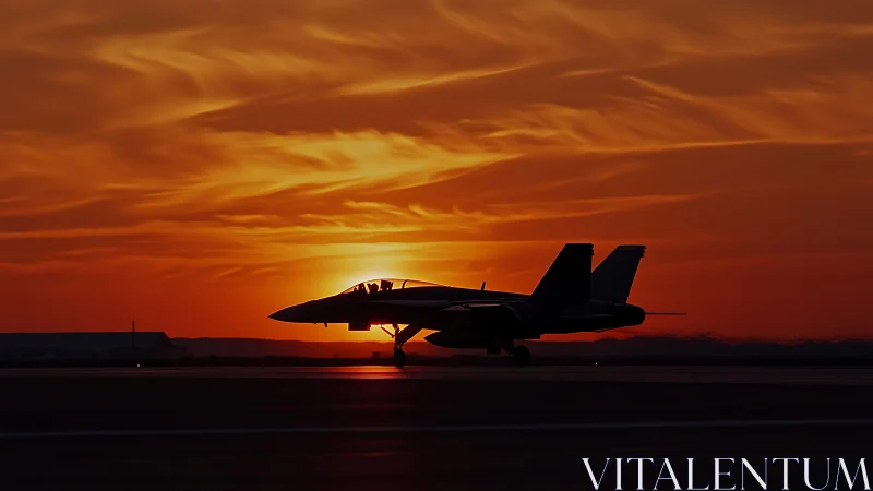 Silhouetted fighter jet rolls across runway at fiery sunset.
