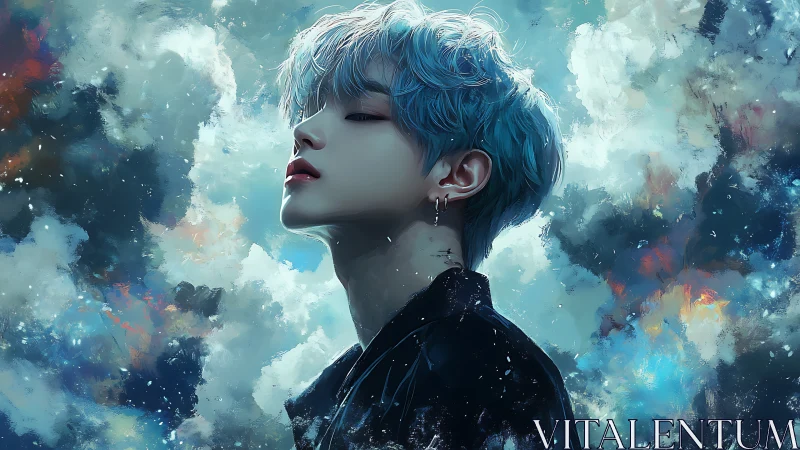 Sky-dreaming boy drifting in painted stormlight clouds.