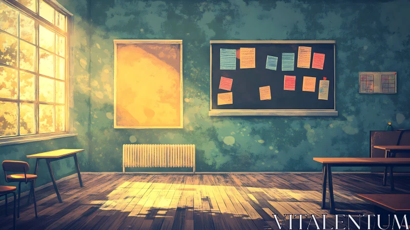 Sunlit vintage classroom interior with noticeboard and desks