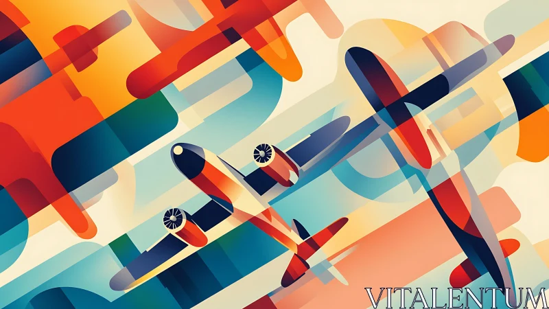 Geometric abstract airplanes in layered colorful flight pattern.