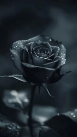 Midnight black rose glows under dewy low-key lighting.