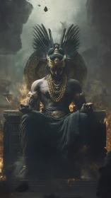 Winged warlord enthroned amid volcanic ruin and radiant gold.