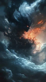 Celestial shadow entity emerges from turbulent nebula clouds