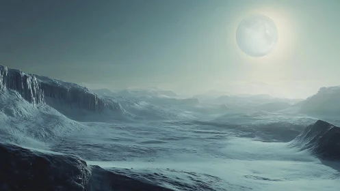 Frozen alien plateau beneath luminous distant moonrise.