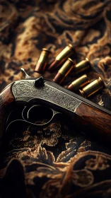 Ornate engraved pistol with brass cartridges on baroque textile