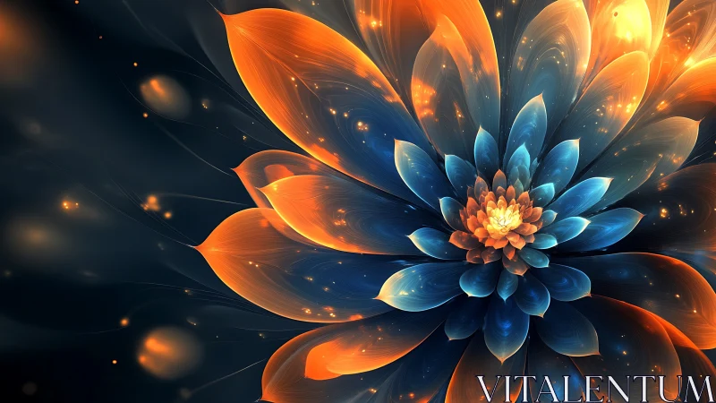 Fractal flower blooms in radiant blue and orange light.