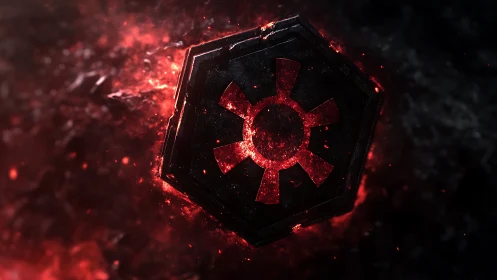 Red glowing mechanical emblem on dark fractured field.