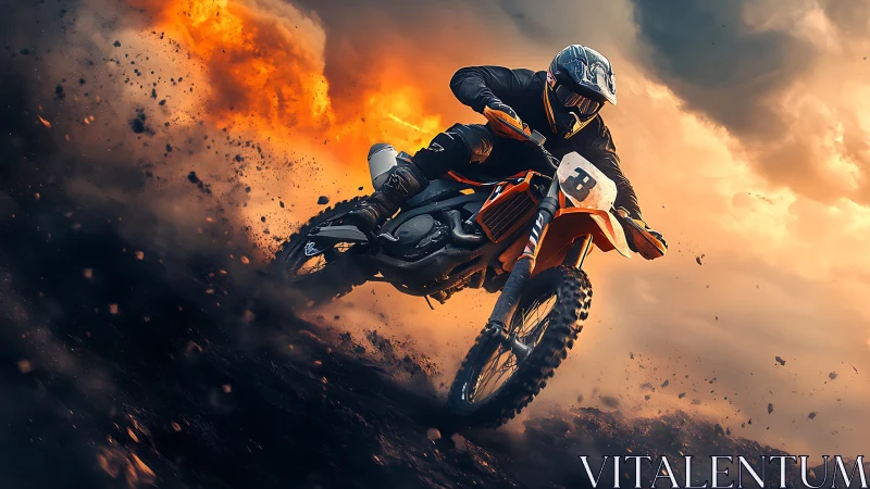 Dynamic dirt bike rider cutting through explosive dust field.