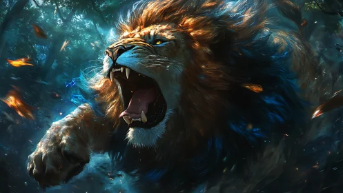 Storm-maned jungle lion roaring through blue wildfire magic.