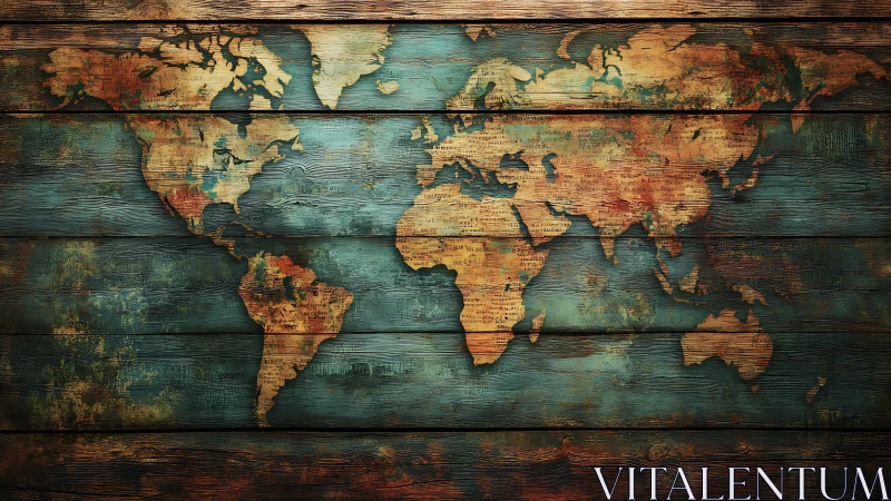 Vintage world map spreads across distressed wooden planks