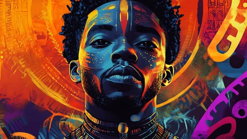 Vibrant digital portrait uniting neon gradients and tribal motifs