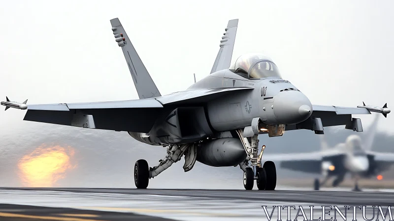 Jet on misty runway crouches low, ready to claw the sky