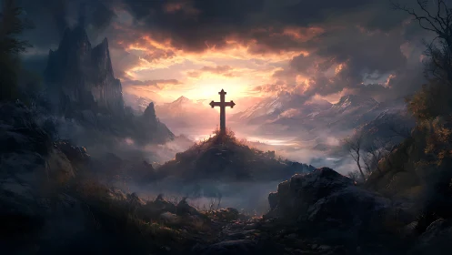 Backlit stone cross on misted alpine ridge at burning sunset