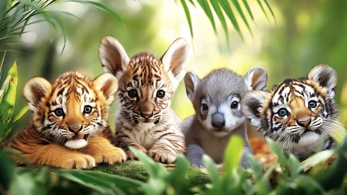 Tiger and Koala Cubs in Tropical Setting.
