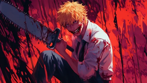 Blood-soaked anime slayer wielding chainsaw blade portrait.