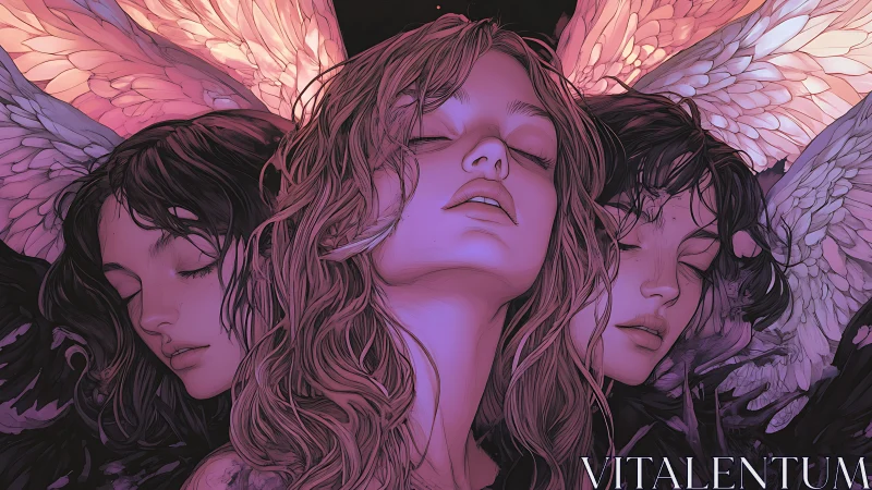 Trinity of ethereal winged figures in iridescent twilight.