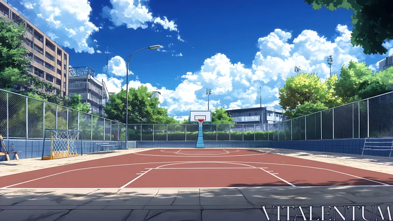 Sunny urban basketball court stands empty under blue sky.