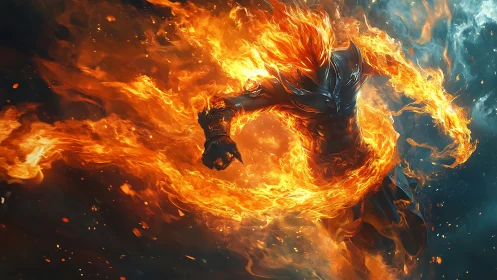 Flame-clad humanoid entity with dynamic vortex-like fire motion