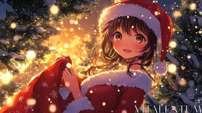 Christmas anime portrait with dynamic bokeh and warm rim lighting