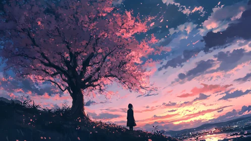 Twilight beneath sakura canopy above a glowing valley.