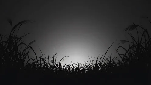 Silhouetted meadow grasses framing a soft grayscale glow.