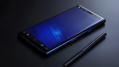 Smartphone with Stylus on Dark Surface.