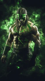 Emerald energy warrior in dramatic green nebula aura.