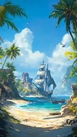 Tropical Coastal Scene with Tall Ship Anchored in Crystalline Waters