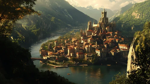 Riverside hill city with central cathedral in mountain basin.