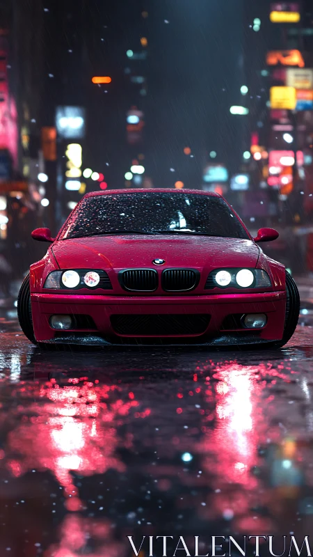 Midnight city rain, red coupe humming under neon glow.